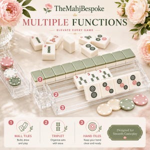 K&ouml;nnte beinhalten: Ein Mahjong-Fliesenst&auml;nder und Tablett-Set aus klarem Acryl mit salbeigr&uuml;nen und wei&szlig;en Spielsteinen, die schwarze und rote Symbole zeigen. Das Set enth&auml;lt runde Z&auml;hlchips sowie den Text Multiple Functions, Wall Tiles, Triplet und Hand Tiles.