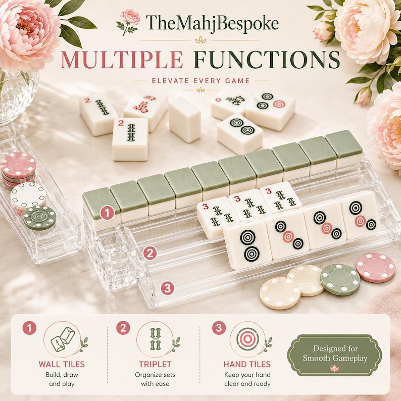 K&ouml;nnte beinhalten: Ein Mahjong-Fliesenst&auml;nder und Tablett-Set aus klarem Acryl mit salbeigr&uuml;nen und wei&szlig;en Spielsteinen, die schwarze und rote Symbole zeigen. Das Set enth&auml;lt runde Z&auml;hlchips sowie den Text Multiple Functions, Wall Tiles, Triplet und Hand Tiles.