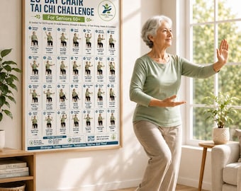 Tai Chi en silla para personas mayores, póster del reto de 28 días, tabla de ejercicios de Tai Chi en silla en PDF, ejercicios sentados imprimibles, regalo para mejorar el equilibrio y la movilidad.