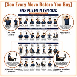 May include: An instructional poster titled NECK PAIN RELIEF EXERCISES featuring a 28-day plan for tech neck and tension relief. It includes diagrams of a person in a blue polo shirt performing various stretches, movements, and posture corrections.