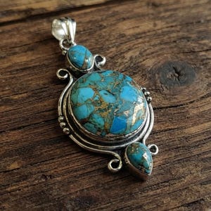 Koppar Turkos Hänge, 925 Sterling Silver, Unikt Smycke, Statement Ädelstenssmycken, Handgjort Hänge,