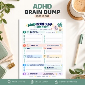 Peut inclure: Une page de planification imprimable ADHD Brain Dump Sort It Out blanche avec des sections numérotées pour noter les pensées, trier les tâches par travail, personnel, en attente et idées, ainsi que des sections pour les priorités.