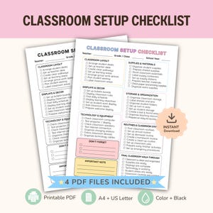 May include: A printable classroom setup checklist document featuring sections for layout, displays, technology, supplies, and routines. The form includes checkboxes and blank lines for teacher, grade, and school year. A badge indicates instant download.