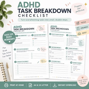May include: Two pages of an ADHD Task Breakdown Checklist printed on white paper. The document features sections numbered one through ten, including fields for project goals, task ordering, blockers, and time estimation, with green and pink accents.