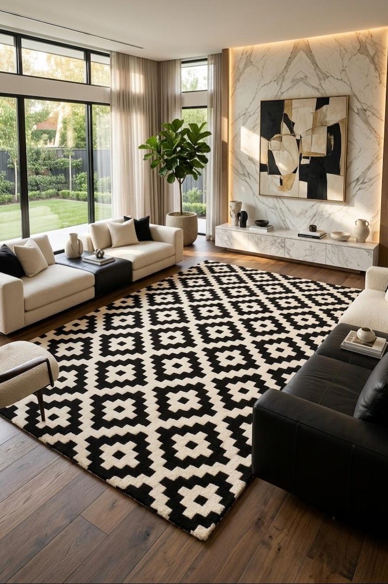 Monochrome Patterned Rug Black Cream Geometric Wool Rug, Hand Tufted Area Carpet, Modern ...