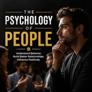 May include: A book cover titled THE PSYCHOLOGY OF PEOPLE with the subtitle Understand Behavior. Build Better Relationships. Influence Positively. The image features a profile view of a person in a dark blazer with a hand on their chin.