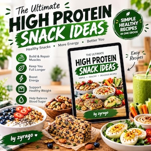 Könnte beinhalten: Ein digitales Tablet zeigt ein E-Book-Cover mit dem Titel The Ultimate High Protein Snack Ideas von zyrago, umgeben von Schalen mit Joghurt mit Beeren, Müsliriegeln, hartgekochten Eiern und Gemüsesticks sowie Text zu den gesundheitlichen Vorteilen.