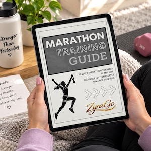 Puede incluir: Una tableta digital que muestra una guía de entrenamiento de maratón con el texto 16 Week Marathon Training Plans for Beginner, Intermediate, Advance Runners, una silueta de corredor, cuatro flechas y la marca ZyraGo en letras doradas.