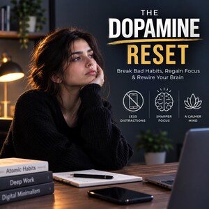 Può includere: Una copertina di libro intitolata The Dopamine Reset: Break Bad Habits, Regain Focus & Rewire Your Brain. Presenta icone per meno distrazioni, maggiore concentrazione e una mente più calma, accanto a una pila di libri e una persona pensierosa.