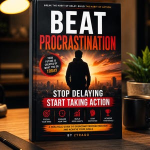 May include: A black book titled Beat Procrastination with the subtitle Stop Delaying Start Taking Action. The cover features a silhouette of a person against a sunset city skyline, with text including Your Future Is Created By What You Do Today.