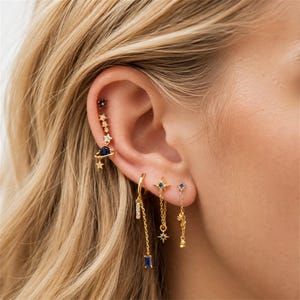 Celestial Earring Stack Set, Blue Crystal Star Earrings, Gold Huggie Hoops, Planet Dangle Earrings, Multiple Piercing Jewelry