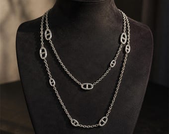 Lange goldene Halskette für Damen, minimalistische Kette, moderne Halskette mit ovalem Anhänger, Geburtstagsgeschenk, Jahrestagsgeschenk für Sie