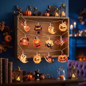 May include: A string of Halloween-themed LED lights featuring various illuminated figures including ghosts, pumpkins, a black cat, a spider, and a bat. The lights are arranged in three rows against a wooden frame, glowing with warm orange and white tones.