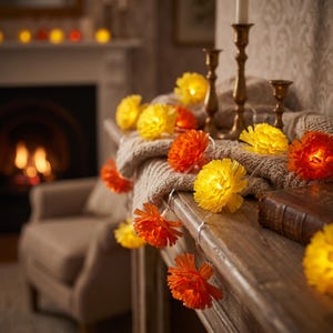 Pode incluir: Um fio de luzes decorativas com coberturas em forma de flor amarelas e cor de laranja. As lâmpadas florais iluminadas estão dispostas ao longo de um fio fino, sobre uma superfície de madeira junto a um tecido de malha bege e castiçais.
