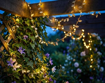 Gold Leaf Garland with Lights, Metallic Vine Fairy Lights, Cozy Room Decor