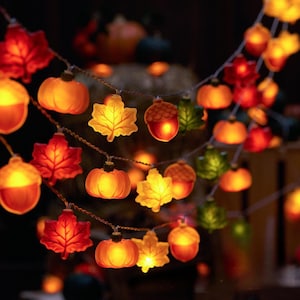 May include: A string of decorative LED lights featuring translucent shapes of autumn maple leaves, pumpkins, and acorns in shades of red, orange, yellow, and green. The lights emit a warm glow, highlighting the detailed textures of each seasonal icon.
