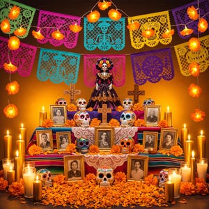 Day of the Dead Marigold String Lights, Dia de los Muertos Decor, Ofrenda Garland