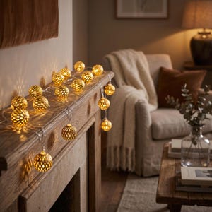 May include: A string of decorative lights featuring spherical gold-toned metal shades with intricate cut-out patterns. Each globe emits a warm, glowing light, creating a soft illumination across the surface of a wooden mantelpiece.