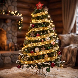 May include: A decorated artificial Christmas tree featuring a red fabric star topper, gold ribbon with integrated warm white fairy lights, and a variety of round ornaments in red, green, gold, and white, along with snowflake-shaped accents.