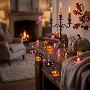 May include: A string of Halloween-themed LED lights featuring orange pumpkins, purple bats, and black spiderwebs. The lights are draped across a wooden surface next to a brass candelabra with three lit candles and a large, textured gray pumpkin.