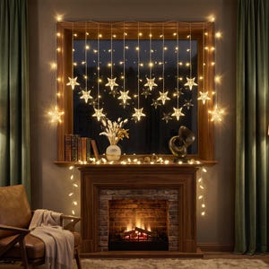 May include: A string of warm white LED curtain lights featuring multiple star-shaped ornaments hanging in front of a window. The lights are arranged in vertical strands, creating a glowing display that illuminates the space above a fireplace mantel.