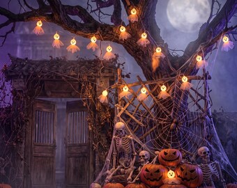 Fabric Ghost String Lights, Mesh Tulle Halloween Fairy Lights, Spooky Room Decor