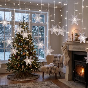 May include: A set of hanging curtain string lights featuring clear, illuminated snowflake ornaments. The lights are draped in front of a window, positioned above a decorated Christmas tree, a cream-colored armchair with a plaid throw, and a fireplace.