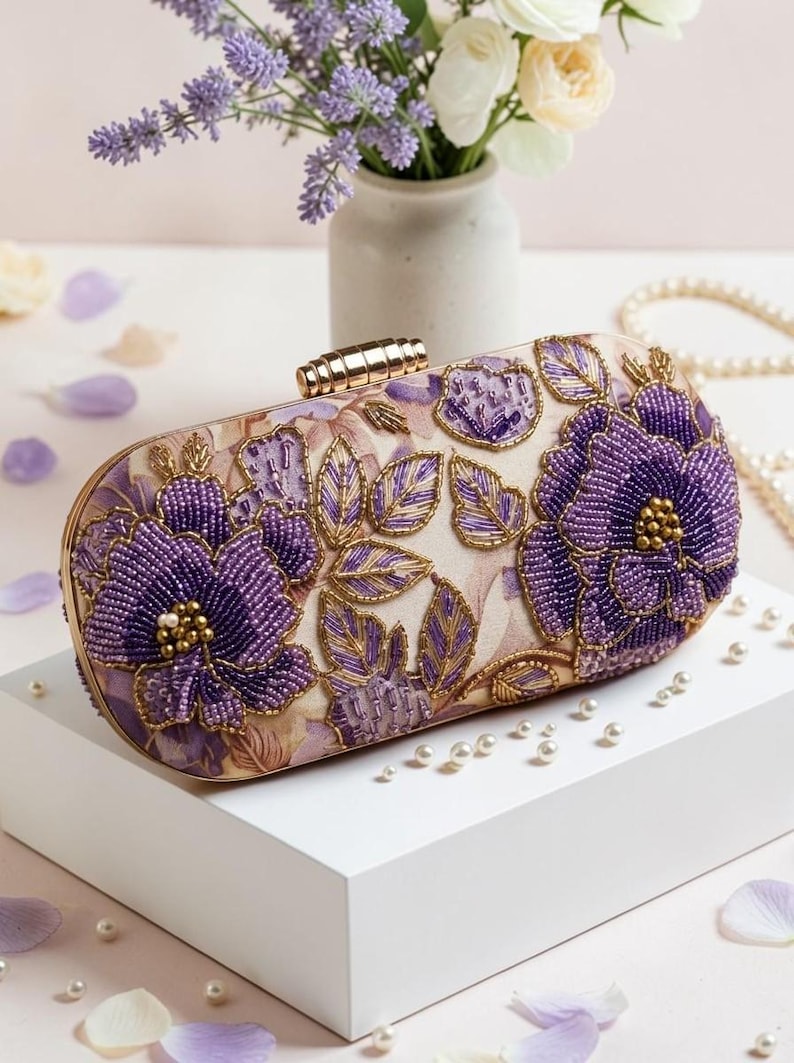 Purple clutches and evening bags - Purple floral beaded bridal clutch