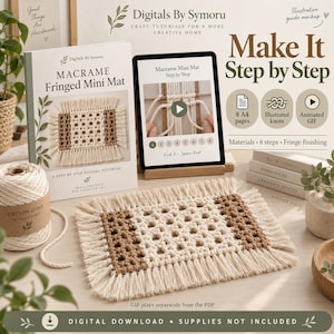 May include: A digital tutorial for a macrame fringed mini mat featuring a printed guide, a tablet displaying a step-by-step video, a spool of cotton cord, and a finished rectangular mat with cream and brown knotted patterns and fringe edges.