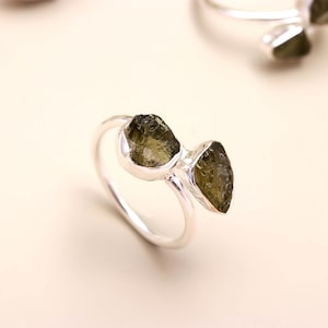 Raw Moldavite Ring, Two Stone Ring, 925 Sterling Silver, Silver Ring, Genius Moldavite,  Adjustable Ring, Statement Ring, Gift For Her