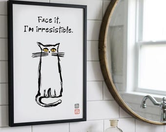 Affiche chat rigolo, art mural minimaliste, décoration chat dessinée à la main (téléchargement numérique)