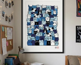 Blue Cats and Dogs Print | Quirky Pet Wall Art (Digital Download)