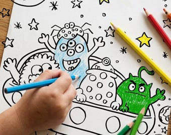 Alien Colouring Page Printable, Cute UFO Space Coloring Page for Kids, A4 Kids Activity Sheet, Outer Space Instant Digital Download