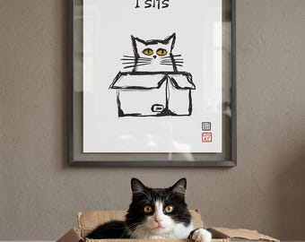 Affiche « Si je rentre, je m’assieds » avec un chat | Illustration minimaliste en noir et blanc (Téléchargement numérique)