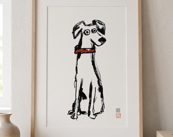 Hand-Drawn Dog Print | Black & White Pet Illustration with Red Collar (Digital Download)