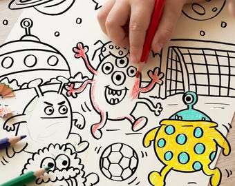 Alien Football Colouring Page Printable, Space Soccer Coloring Sheet for Kids, Funny Alien Activity, A4 Kids Printable, Instant Download