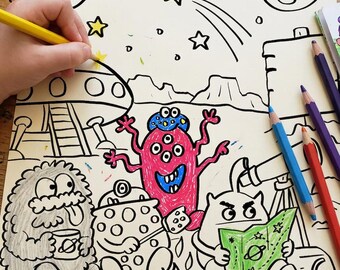 Alien Campfire Colouring Page Printable, Space Camping Coloring Sheet for Kids, Cute Alien Campout Activity, A4 Printable Instant Download
