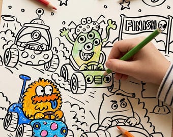 Alien Space Race Colouring Page Printable, Lunar Race Coloring Sheet for Kids, Cute Alien Activity, A4 Space Printable, Instant Download