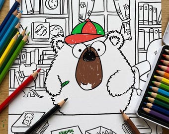 Teddy Bear Library Colouring Page | Kids Reading Activity Printable (Digital Download)