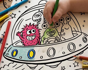 Alien UFO Colouring Page Printable, Cute Spaceship Coloring Sheet for Kids, Outer Space Activity, A4 Alien Printable, Instant Download