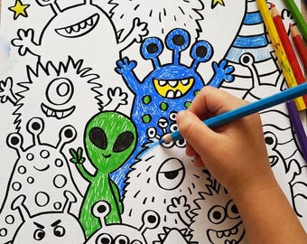 Alien Colouring Page Printable, Cute Space Monsters Coloring Sheet for Kids, A4 Outer Space Activity, Alien Kids Printable, Instant Download