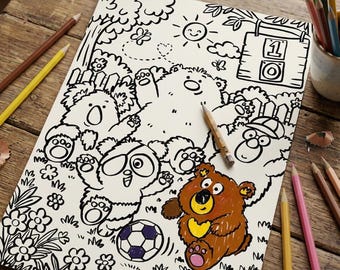 Fluff Bears Football Colouring Page | Kids Soccer Activity Printable (Digital Download)
