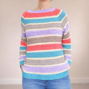 Crochet Raglan Sweater Pattern PDF | Striped Crochet Pullover, Top Down Sweater Pattern, No Sew Sweater, Easy Crochet Sweater