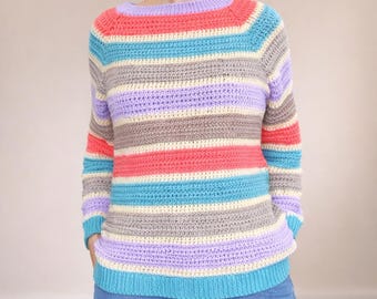 Crochet Raglan Sweater Pattern PDF | Striped Crochet Pullover, Top Down Sweater Pattern, No Sew Sweater, Easy Crochet Sweater