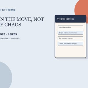 Puede incluir: Un documento de planificador de mudanzas digital titulado RUN THE MOVE, NOT THE CHAOS de Vesper Studio. Incluye 22 páginas en 2 tamaños, con secciones para un cronograma de ocho semanas, presupuesto, inventario de cajas y cambios de servicios.