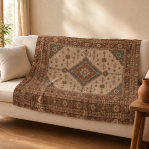 Rust Persian Style Fleece Blanket, Vintage Rug Pattern Throw, Warm Boho Decor