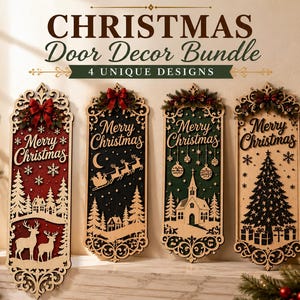 Christmas Door Decor Bundle SVG | 4 Christmas Door Hanger Designs | Merry Christmas Laser Cut Designs,  CNC Christmas Decor