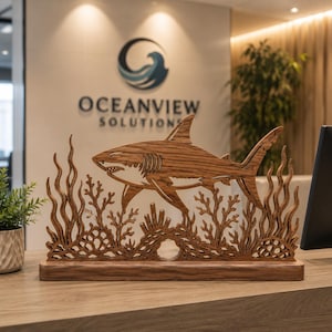 May include: A brown wooden laser-cut sculpture featuring a shark swimming above a detailed coral reef and seaweed base. The artwork is mounted on a rectangular wooden stand, showcasing intricate grain patterns and layered cutouts of marine life.