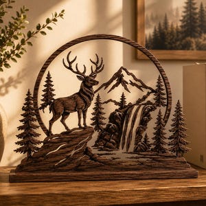 May include: A dark brown wooden decorative cutout featuring a circular frame enclosing a detailed scene of a stag standing on a rocky cliff, pine trees, a mountain range, and a cascading waterfall, all mounted on a rectangular wooden base.