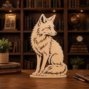 Könnte beinhalten: Eine hellfarbene Holzschnitt-Skulptur eines sitzenden Fuchses. Der Fuchs ist mit geschichteten, stilisierten Fellstrukturen und spitzen Ohren dargestellt und blickt nach rechts. Die Figur ist auf einem flachen, ovalen Holzsockel montiert.